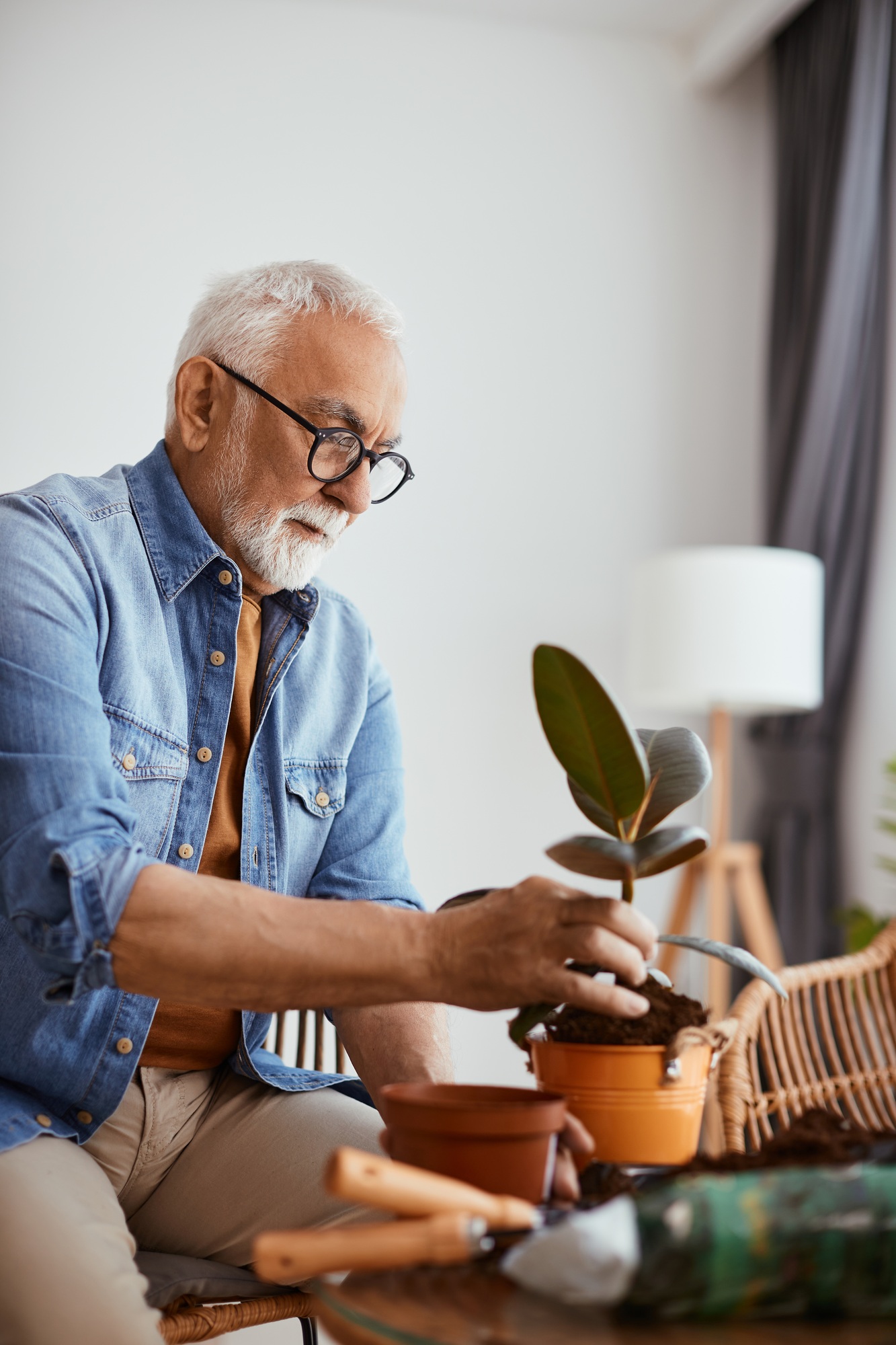 Mature man man enjoying in taking care of potted flowers at home.