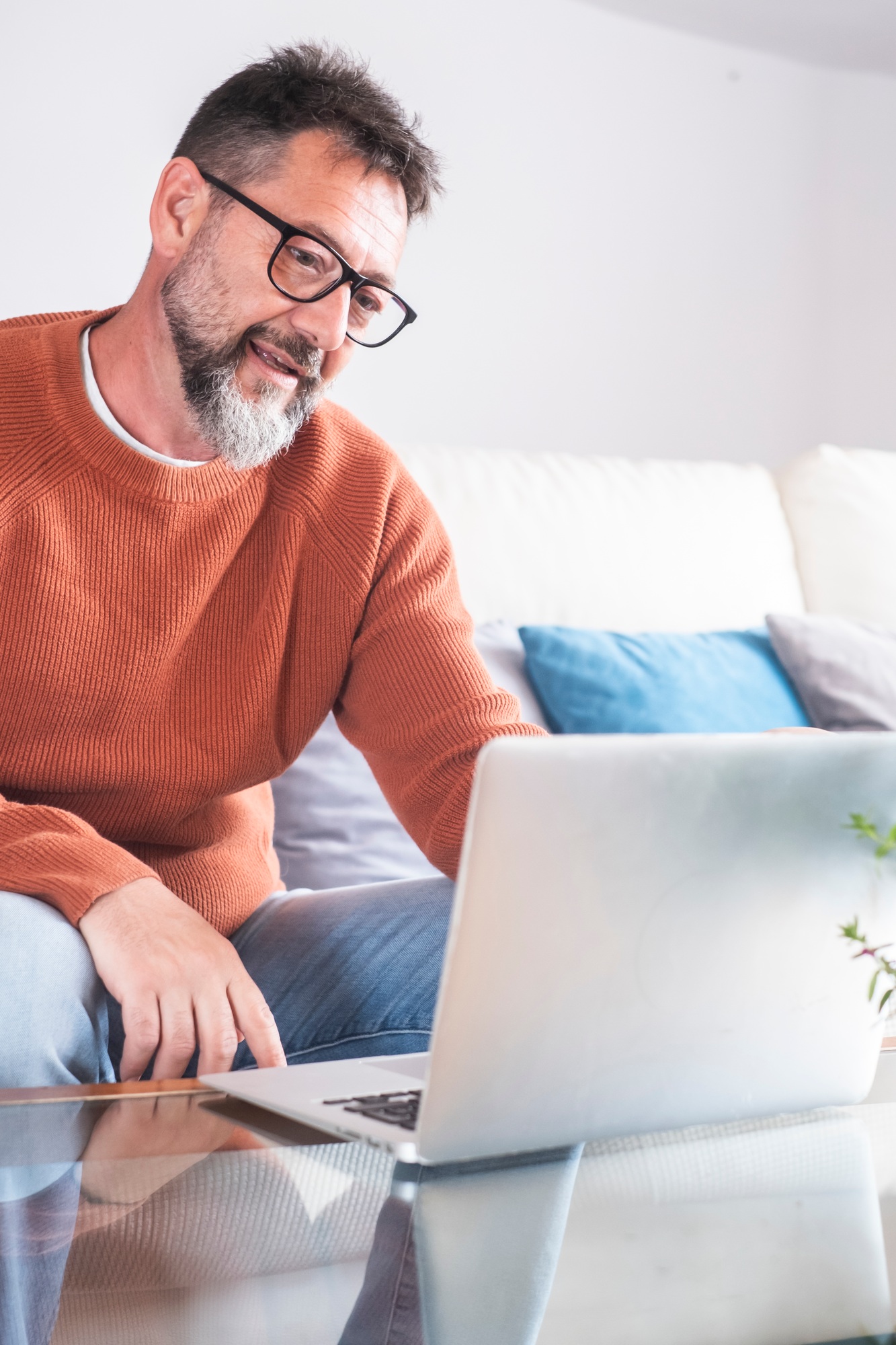 Smiling senior 50s man sit relax on sofa in living room browsing internet on modern computer