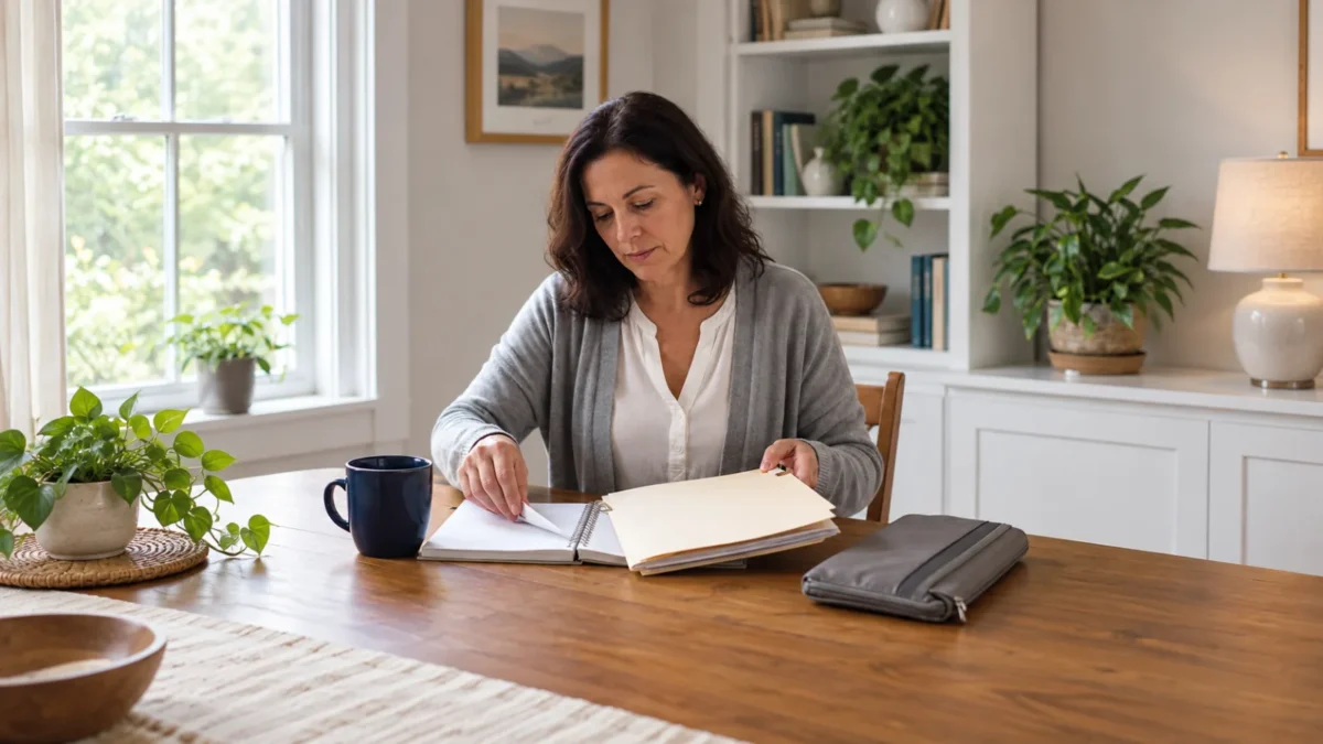 Fictional woman organizing an open notebook and folder at a table by a window.