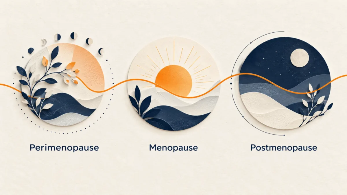 Conceptual illustration of perimenopause, menopause and postmenopause with a continuous orange line across all three stages.