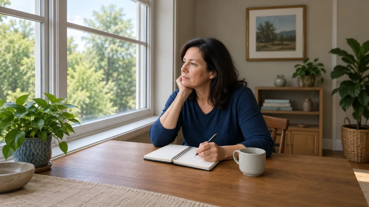 Fictional woman looking out a window with a pen and open notebook on the table.