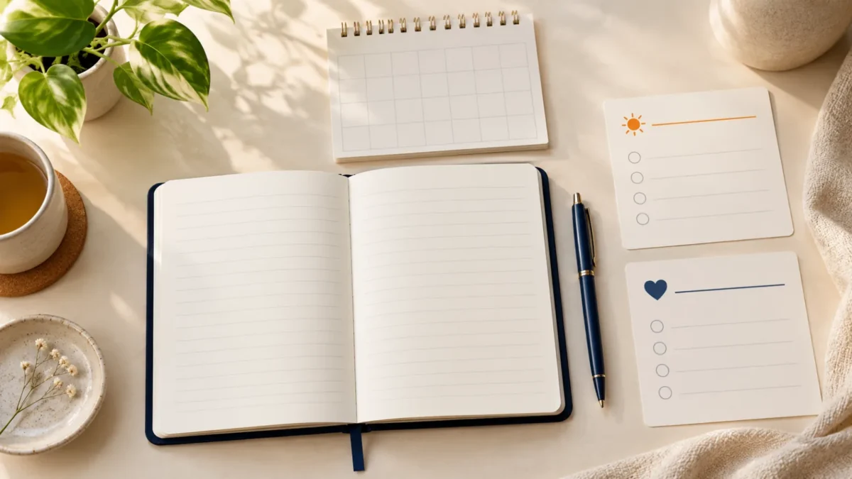 Blank open notebook, undated calendar and two planning cards arranged on a warm ivory desk with a navy pen.