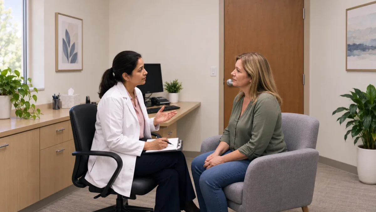 Fictional clinician and woman speaking together in a private office.