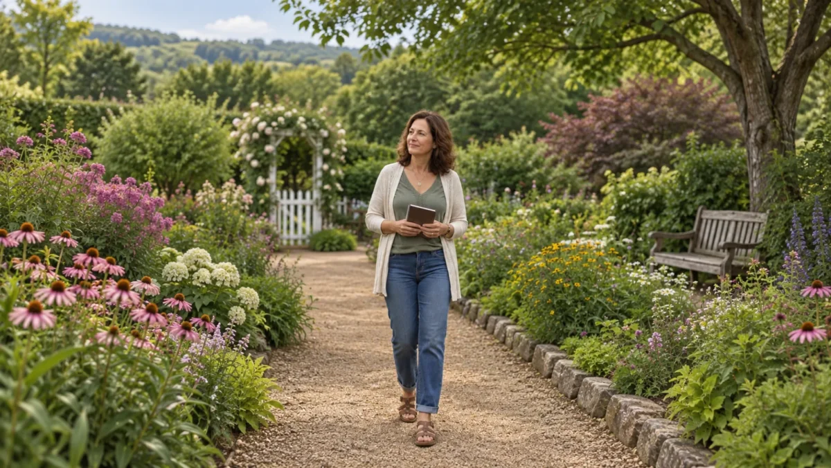 Fictional woman walking along a garden path while holding a closed notebook.