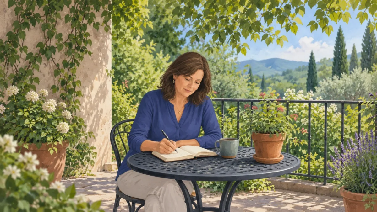 Fictional illustration of a woman writing in a journal at an outdoor table with a cup and plants.