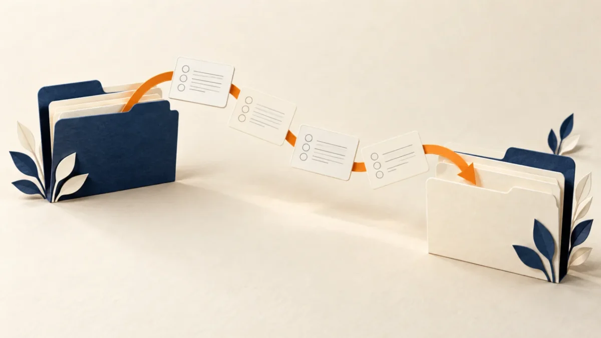 Conceptual illustration of two navy and ivory folders connected by blank record cards and an orange pathway.