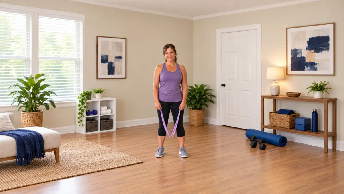 Fictional midlife woman at rest holding a purple resistance band in an airy home exercise room.