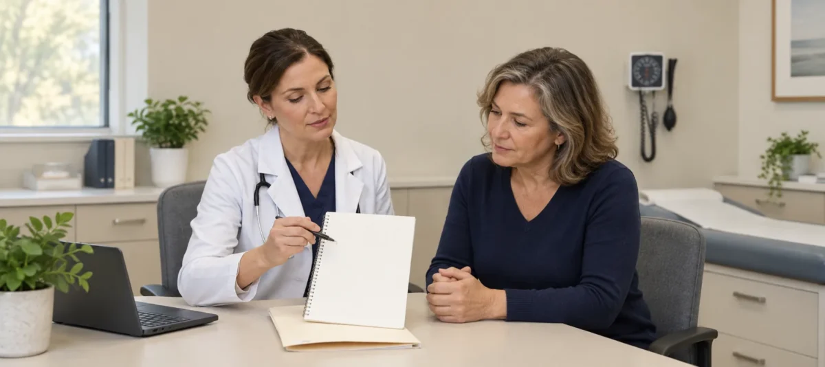Fictional clinician and midlife woman discussing a blank notebook in a private office.