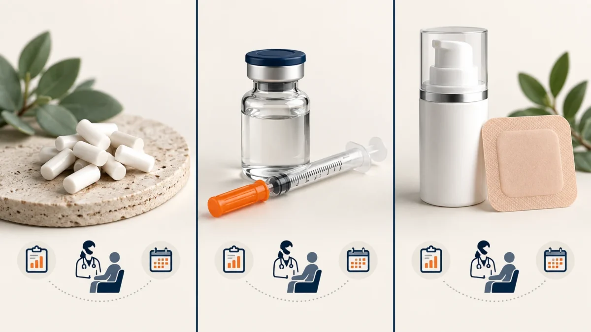 Neutral three-column illustration of pellets, an injection format, and cream or patch formats