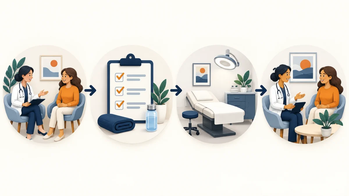 Conceptual four-stage patient journey from consultation through follow-up
