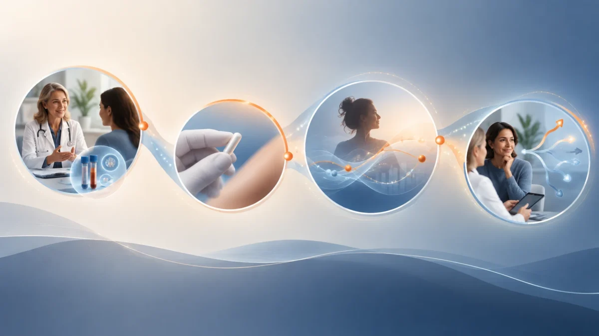 Conceptual timeline connecting evaluation, pellet therapy, monitoring, and follow-up