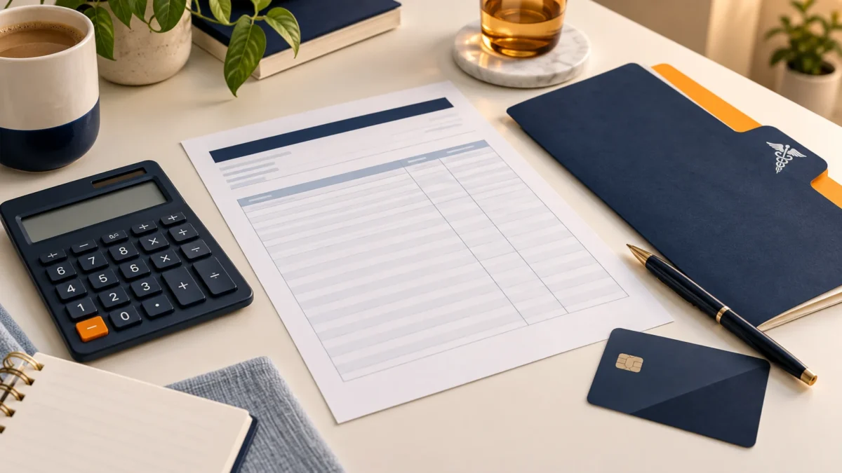 Calculator, blank itemized statement, folder, pen, and payment card arranged on a desk