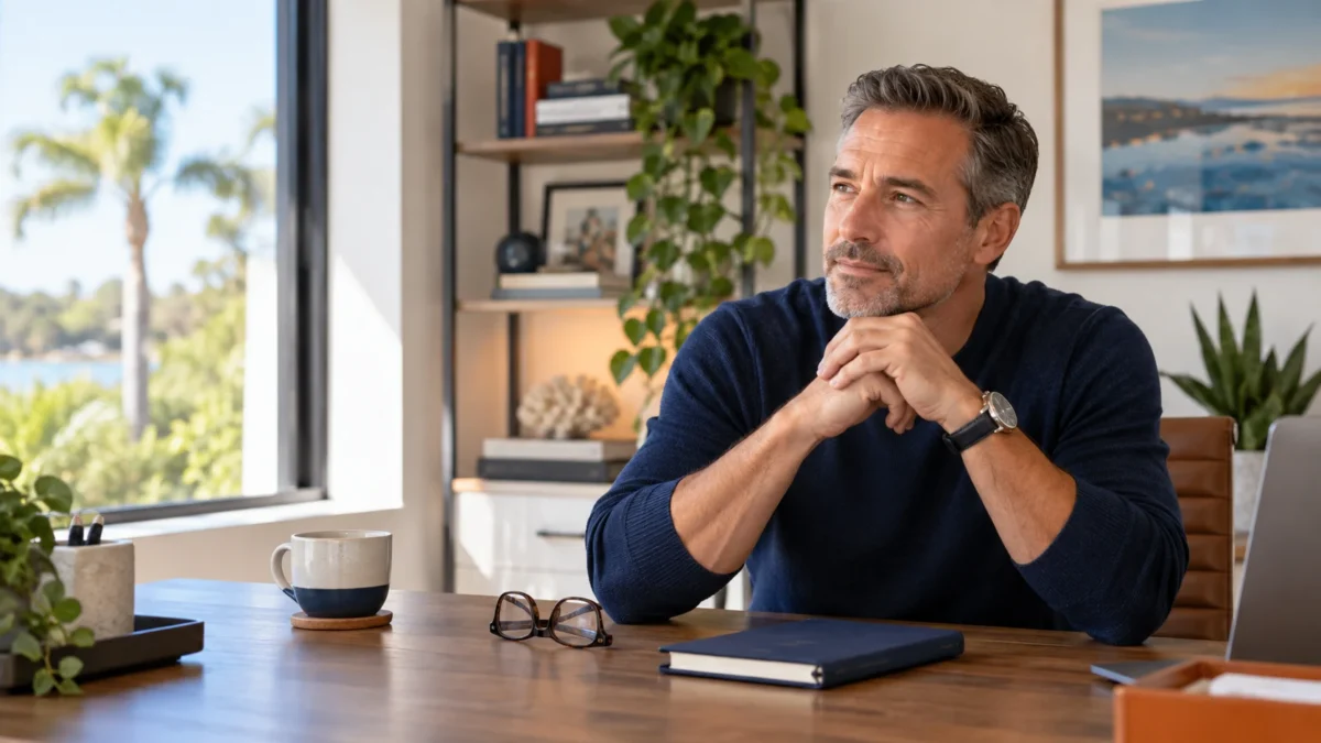 Fictional midlife man reflecting with a notebook in a bright home office