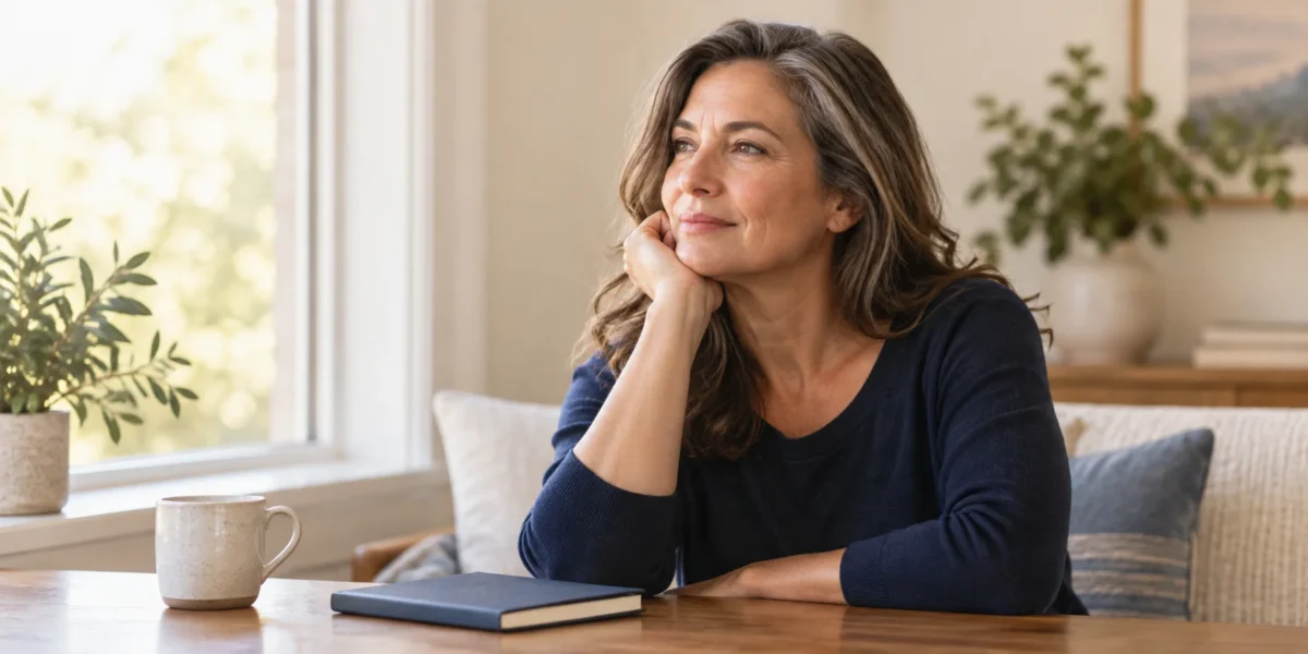 AI-generated editorial illustration of a fictional midlife woman seated beside a window.